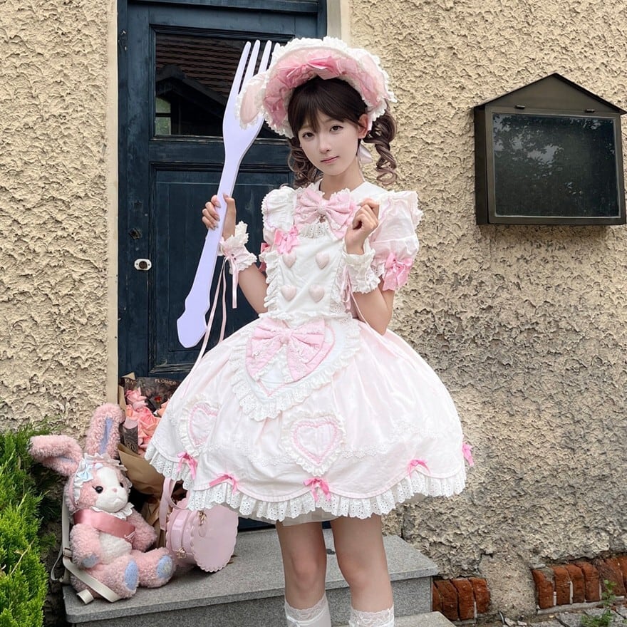 d*3様 Cornet ピンクリボンレースフリル　ハートエプロン付きワンピース メイドロリータ ワンピース ハートエプロン付き レースフリル 撮影会
