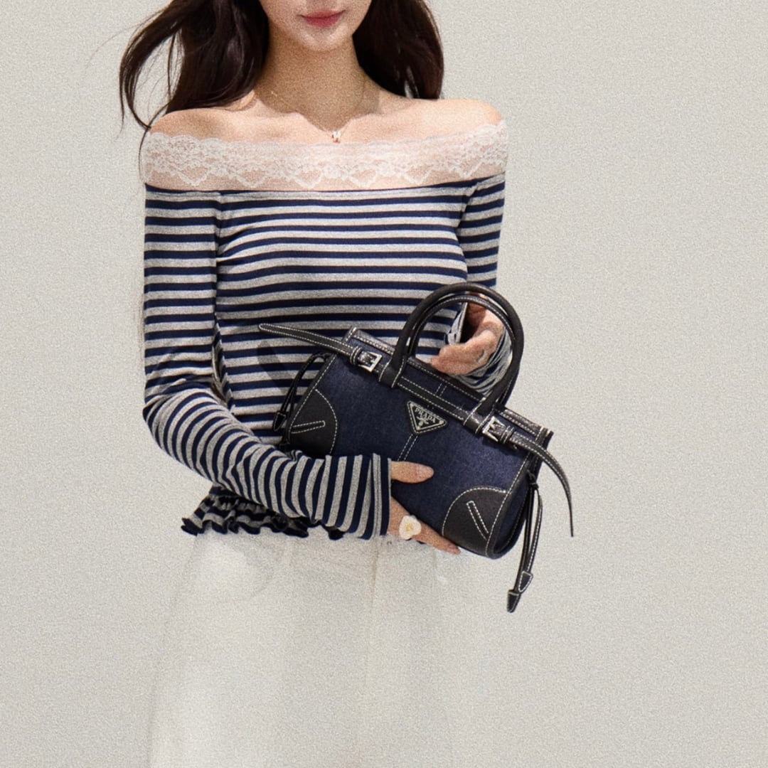 レースオフショルダーボーダートップス A34