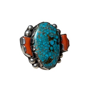vintage Navajo silver high grade turquoise & coral ring