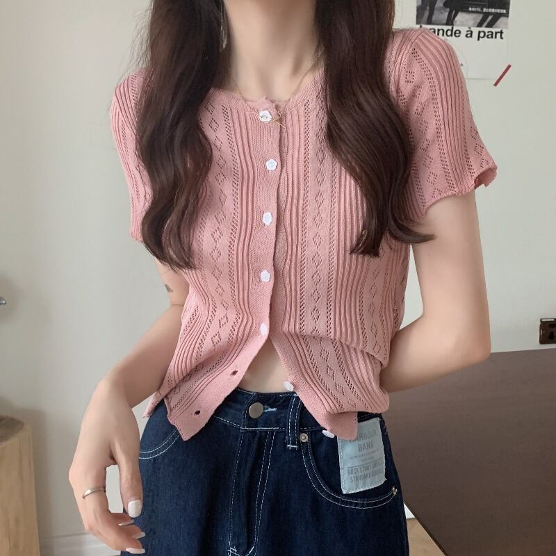サマースタイルラウンドネック半袖スリーブスリム薄手ニットカーディガントップス レディース ショート ハーフスリーブ 夏物 Oネック ハンチェンe37689290187