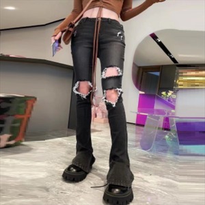 【送料無料】 スキニーパンツ デニムフレア ダメージ加工 無地 フレア カジュアル系 大人可愛い ハイウェスト こなれ感 シンプルデザイン 春 30代 40代 フリンジ 体系カバー お出かけ 女子会 デイリーユース お茶会 お呼ばれ