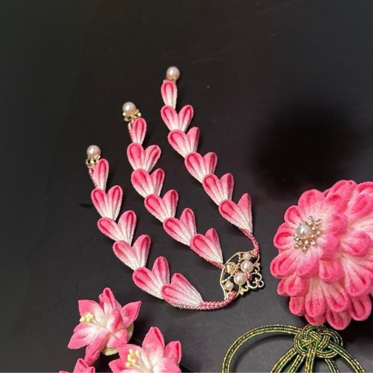 桃恋咲(とうれんさく)|桃色グラデーションのつまみ細工髪飾りセット|成人式・卒業式・結婚式・春の和装に(S031)・画像8