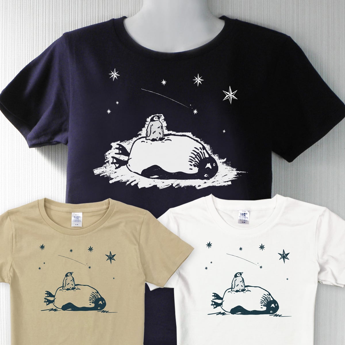 星見る ペンギン Tシャツ 半袖 ホワイト ベージュ ネイビー メンズ