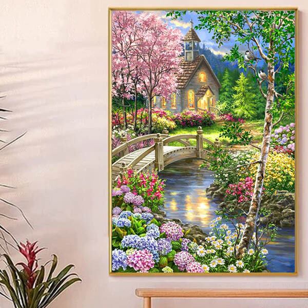 上級 フル ダイヤモンドアート キット ビーズ刺繍 森奥の教会 あじさい