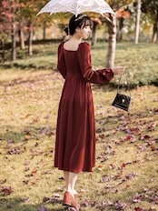 【0101】Red Flower Vintage Long Sleeve Dress