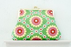 ★再販 retro green flowers gamaguchi pouch handmade ● 手作りレトロフラワーがま口ポーチハンドメイド