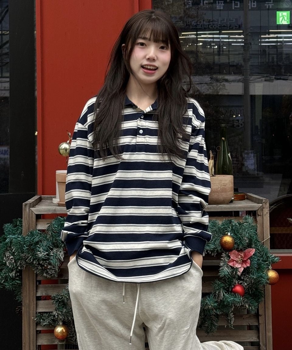 ☆ILLIT ミンジュ 着用！！【ROCKCAKE】Striped Polo T-Shirt - Navy