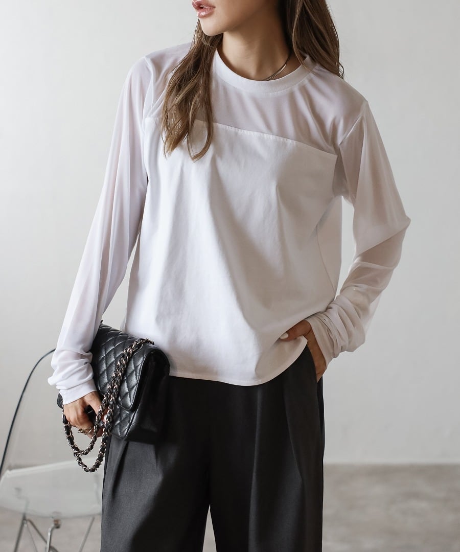 チュール切り替えロングスリーブTシャツ【t-11169】.
