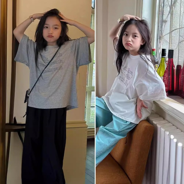 【 キッズ　110-160cm 】アルファベットTシャツ / グレー・ホワイト　兄妹リンク　