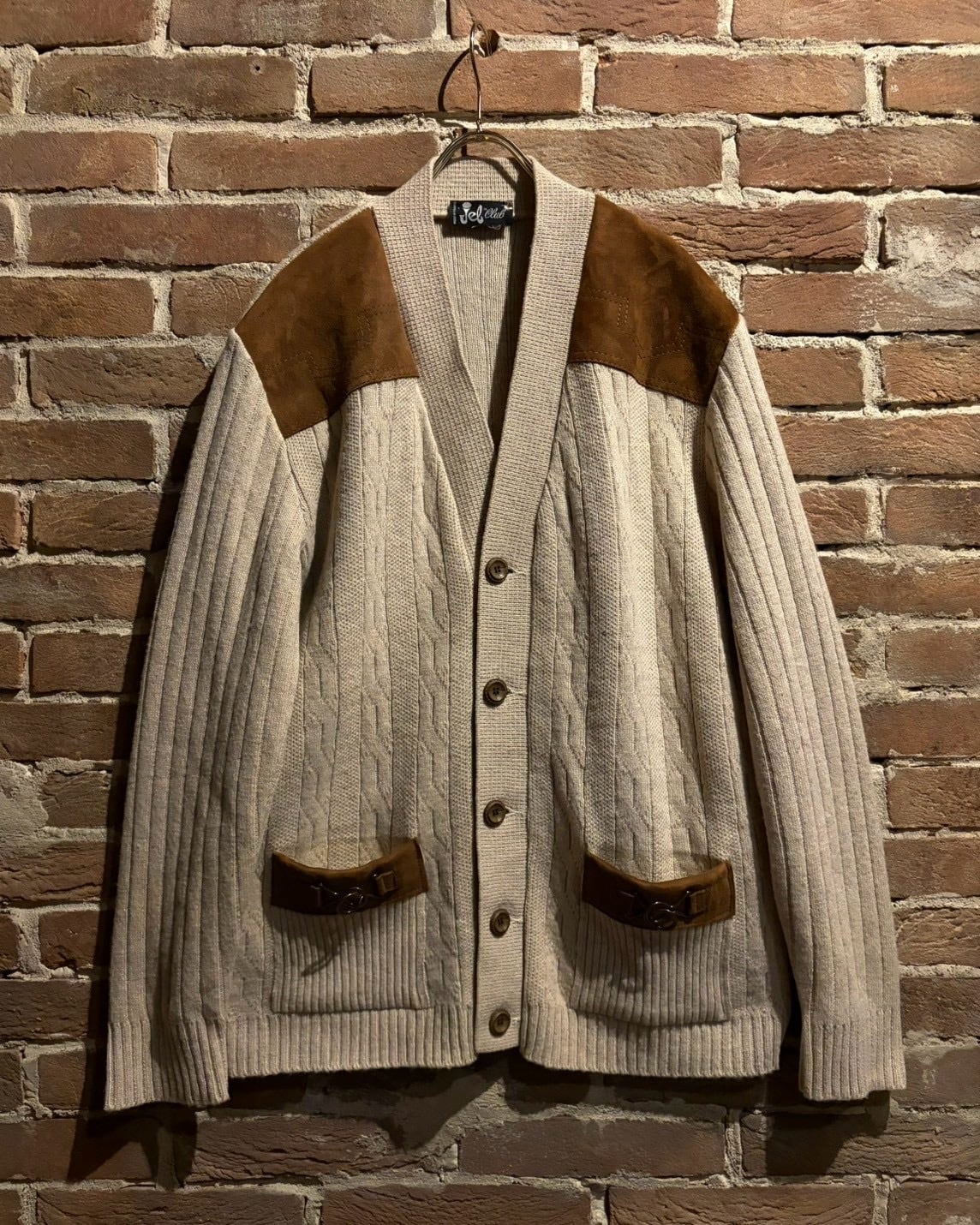 70s 80s スエード レザー切り替えカーディガン Caka act3】70's〜80's Leather Switching Euro Vintage Loose Knit