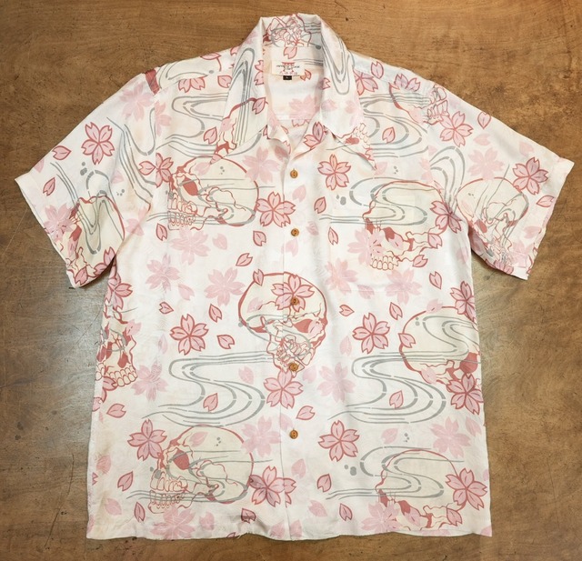 3529R1 花旅楽団 髑髏 桜 和柄 シルク アロハシャツ ハワイアン ALOHA 