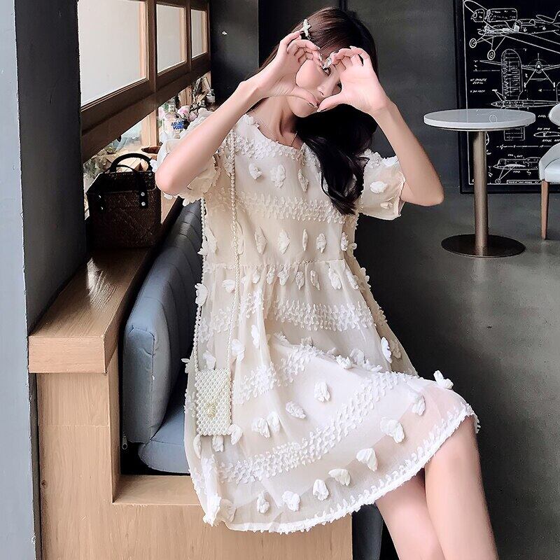 【新作】【送料無料】 スウィート妊婦サマーコットンフローラルテルパッチワークシフォンショートランタンスリーブドレスマタニティAラインドレス 夏物 花柄 AL expec332558930968