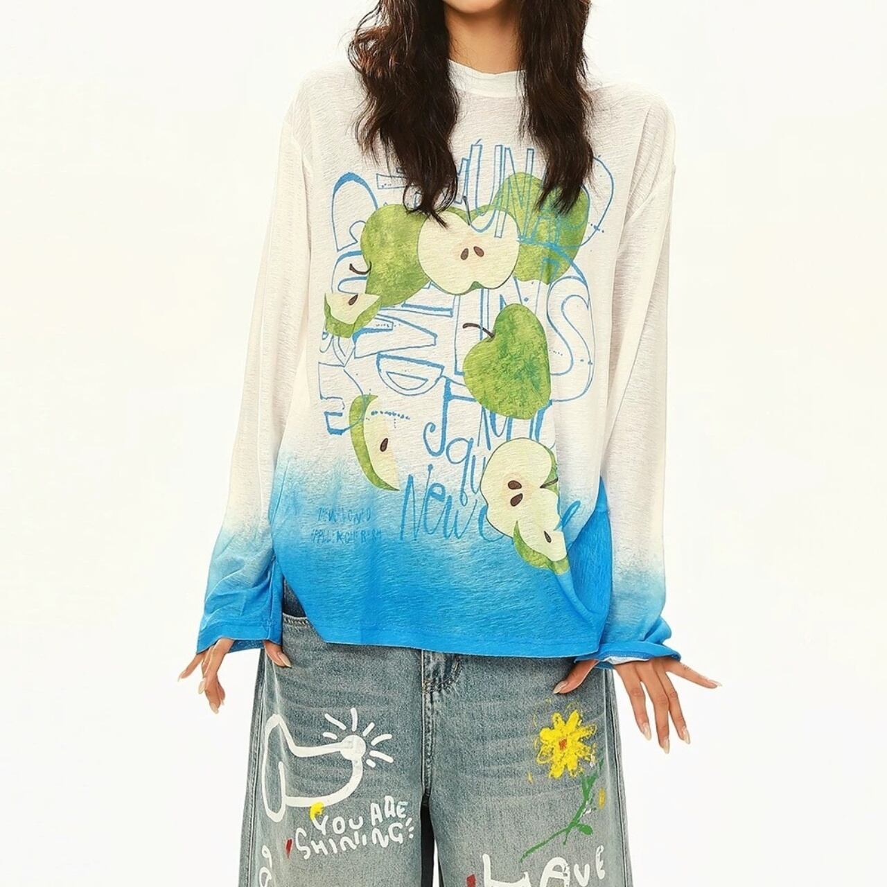 アップルグラフィックグラデーションロングTシャツ 2col R02582