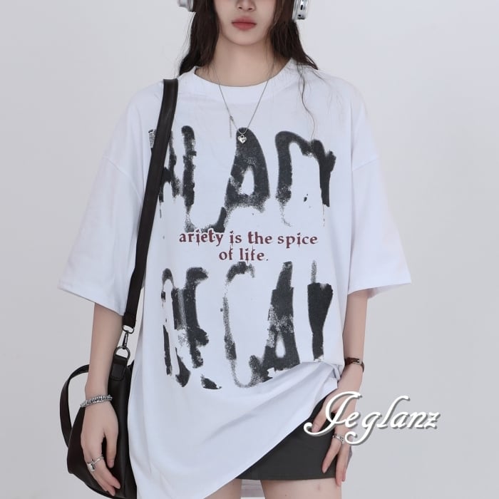 2色 手描き風 バック ロゴ 半袖 Tシャツ ルーズ ユニセックス (MC588)ρ
