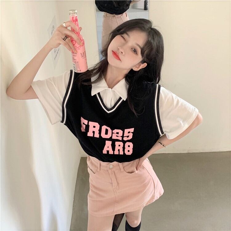 送料無料 アメリカン スクールガール 重ね着風 カットソー チュニック ベスト ポロシャツ ロゴプリント カジュアル アメカジ 学生 Lamitte Deco トレンド 韓国ファッション ショップ Base店