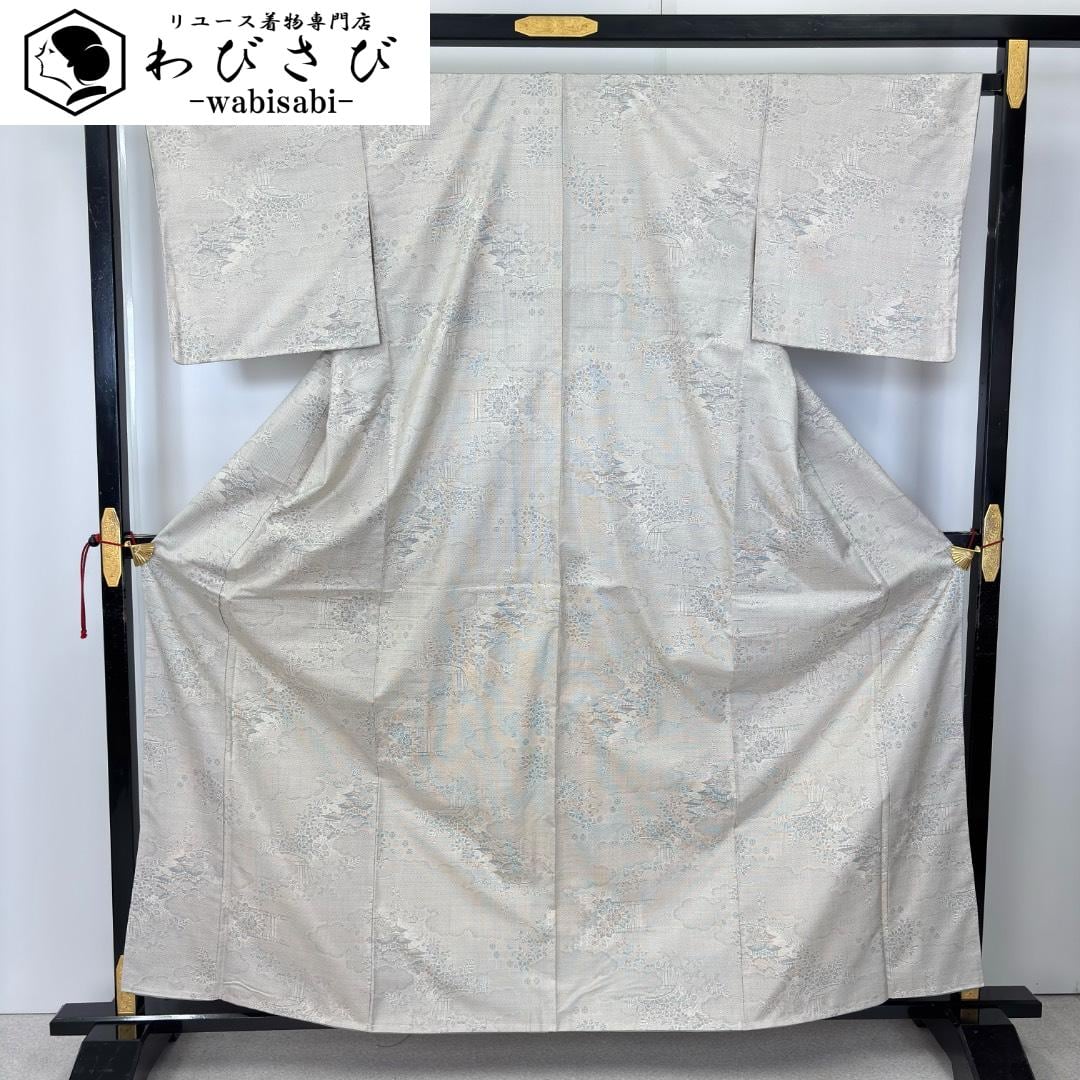 【三花】美品　洗える着物　単衣　大島紬風　グレー　リサイクル　リユース 紬 | リユース着物わびさび
