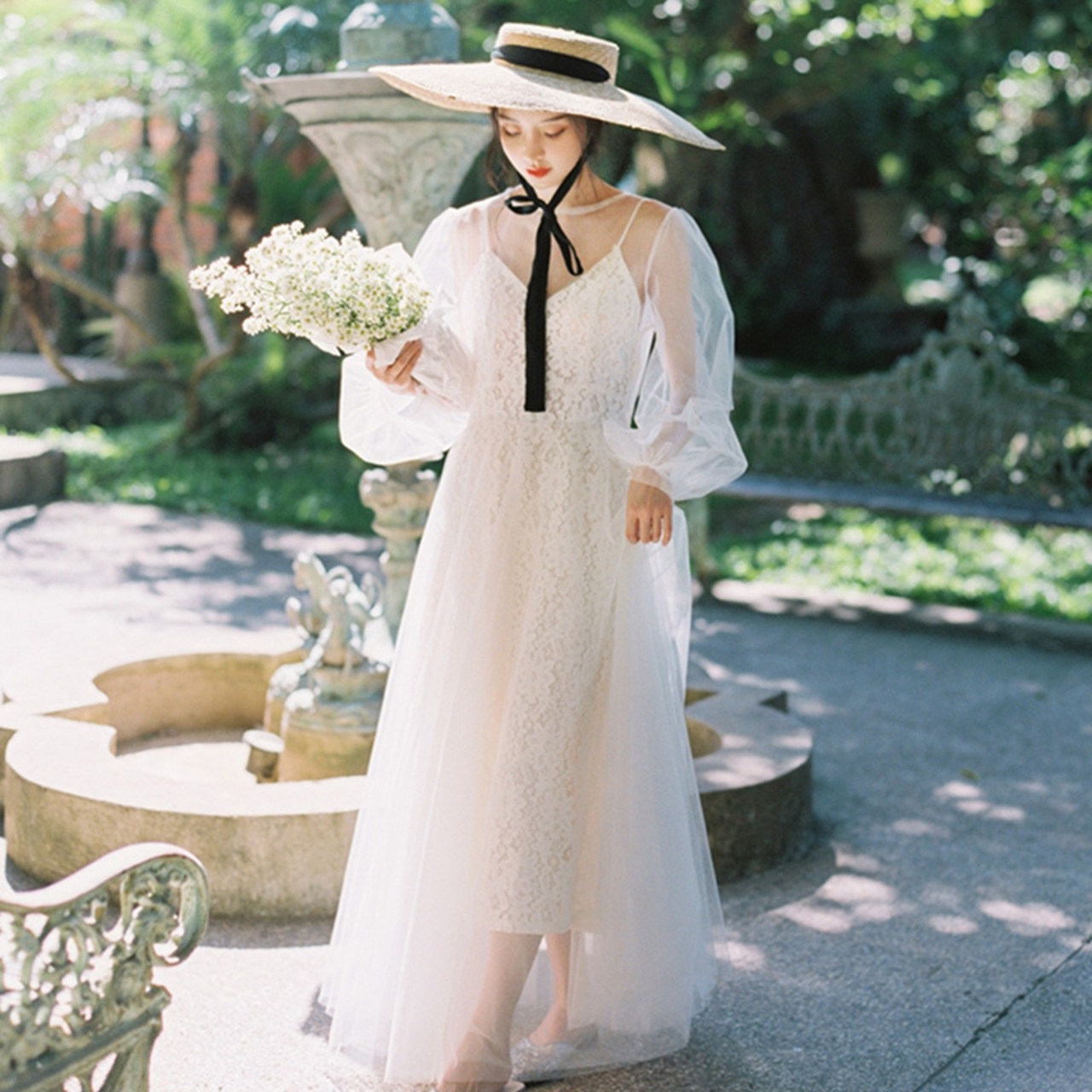 ウエディングドレス オフホワイト ソフトチュール シースルー袖  