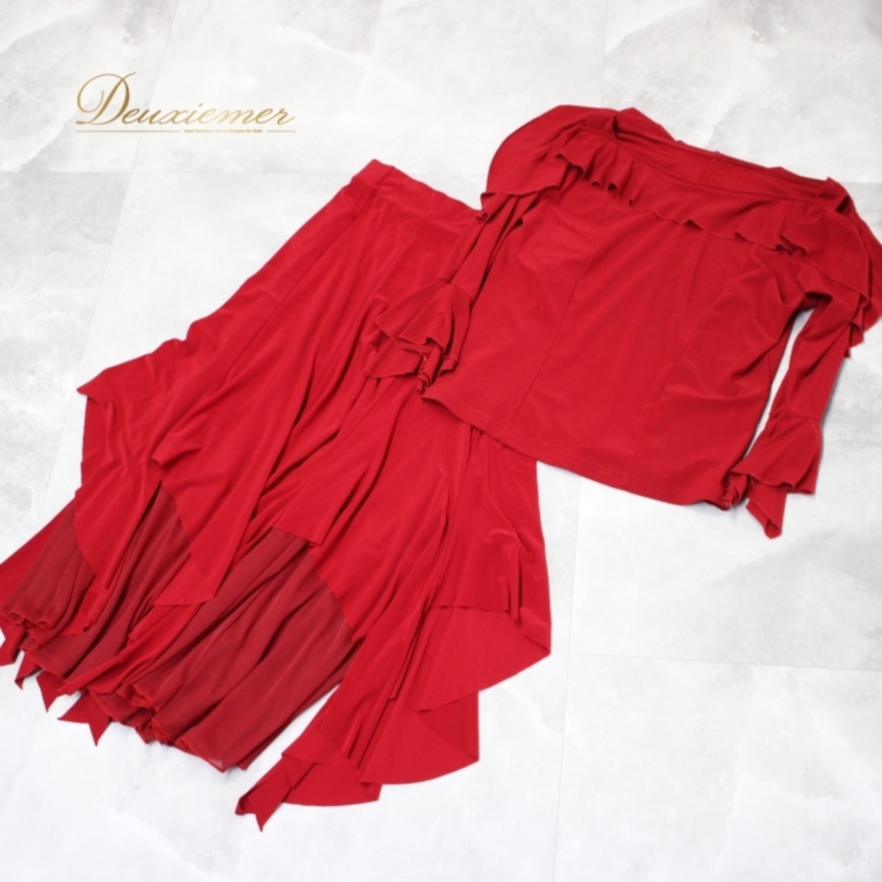 社交ダンス 衣装 ラテン 上下セット ツーピース パーティ衣装 レディース オールシーズン 赤 レッド系 Create-Sun クリエイトサン スカートドレス ダンスウェア おしゃれ カジュアル フェスティバル 発表会 飲み会 コスチューム フリルデザイン エレガント ストレッチ 衣装セット 女性用 楽しい お得 セットアップ 人気 有名ブランド