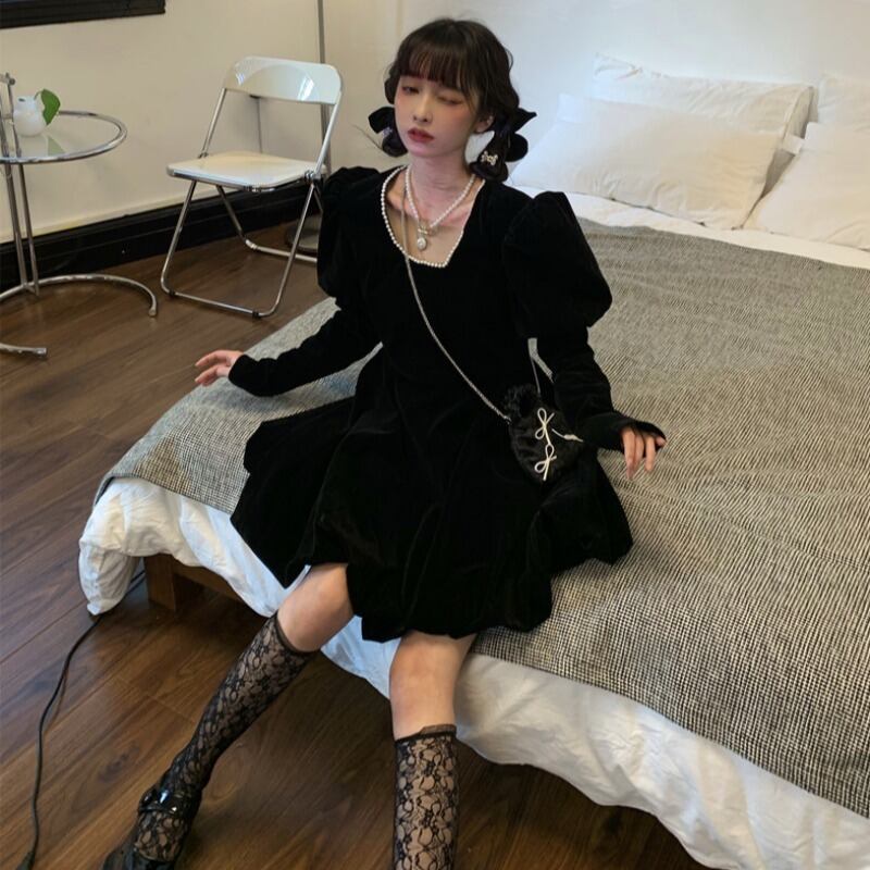 スリーブドレス オータムウィンタースタイルハイウェストウェストカラーブラック 秋物 冬物 スクウェア ステッチ 萌量不足89037215746