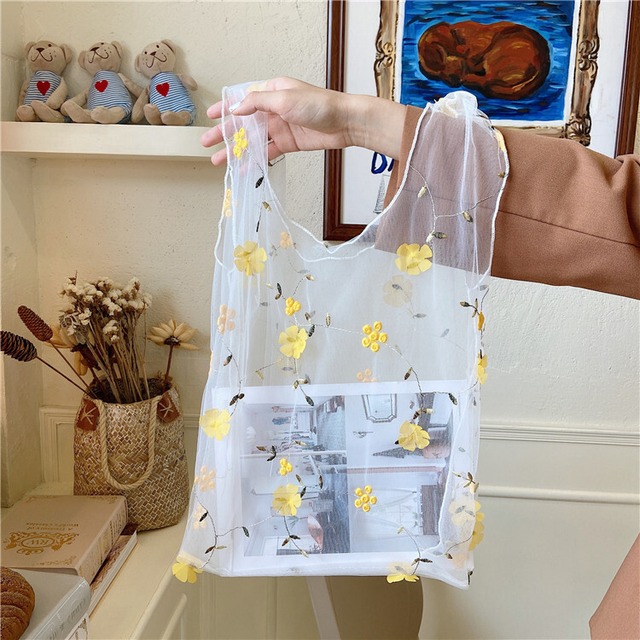 ★4色★ 花柄 ショッピングバッグ 収納バッグ 折りたたみバッグ 小物収納 刺繍バッグ エコバッグ