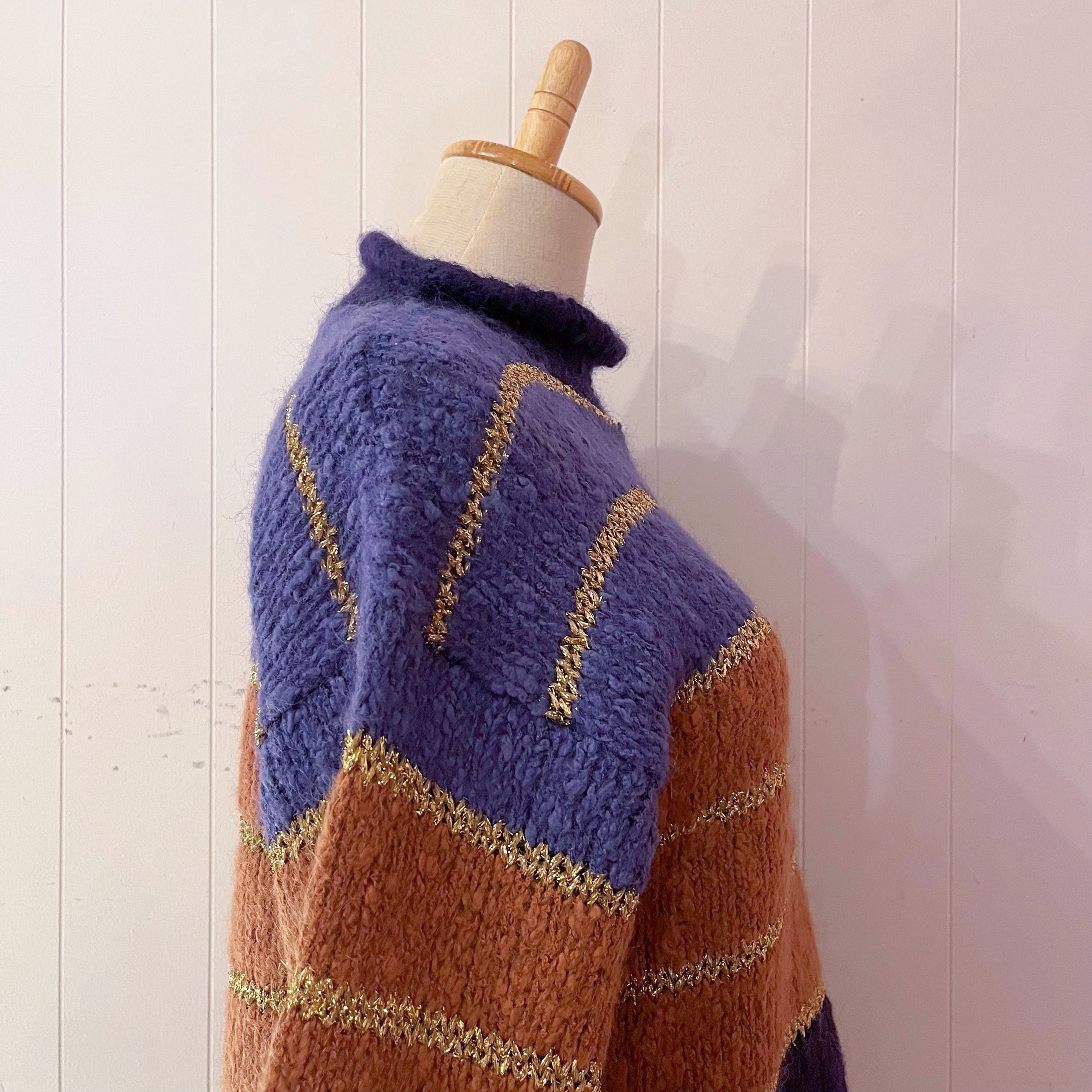 purple lame gold high necked sweater