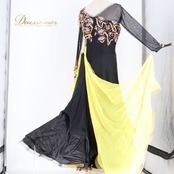 社交ダンス 衣装 スタンダードドレス ワンピース ドレス ブラック系 イエロー系 インザムード in the MOOD 黒 黄色 紫 デモ 競技 フロート レース 上品 華やか デザイン エレガント 豪華 フェスティバル 発表会 ステージ用 ダンスパフォーマンス