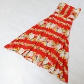 【美品 フラダンス衣装】レッド Kahiko ワンピース ドレス ハイビスカス柄 プルメリア柄 赤 白 タヒチアン リボン かわいい 花