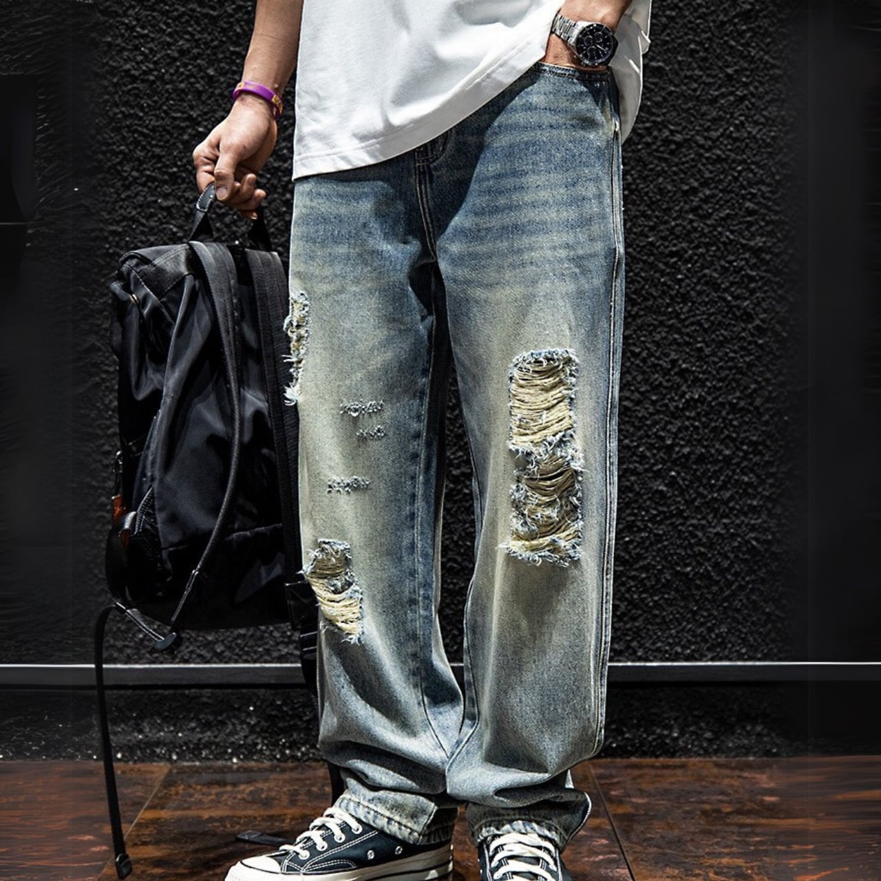 ダメージ加工 ワイドレッグ デニムジーンズ 00519