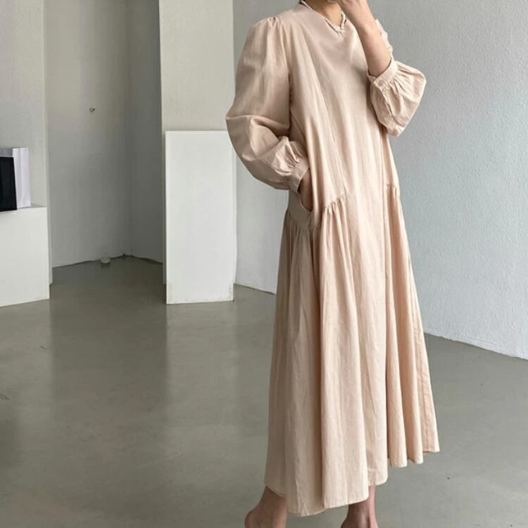 ゆったり ウエストリボン付き フレアワンピース 4col N00143