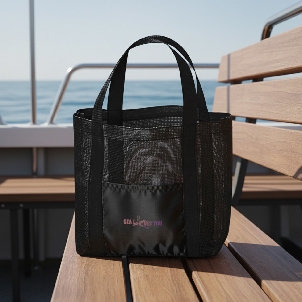 SEA LOVES YOU ロゴ-メッシュライントート(M/ブラック) - 1