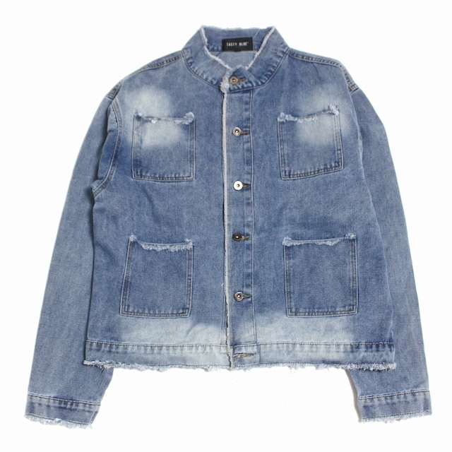 STAND COLLAR DAMAGE DENIM JACKET (ブルー)