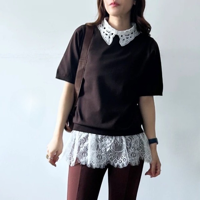 Lace collar half sleeve knit
