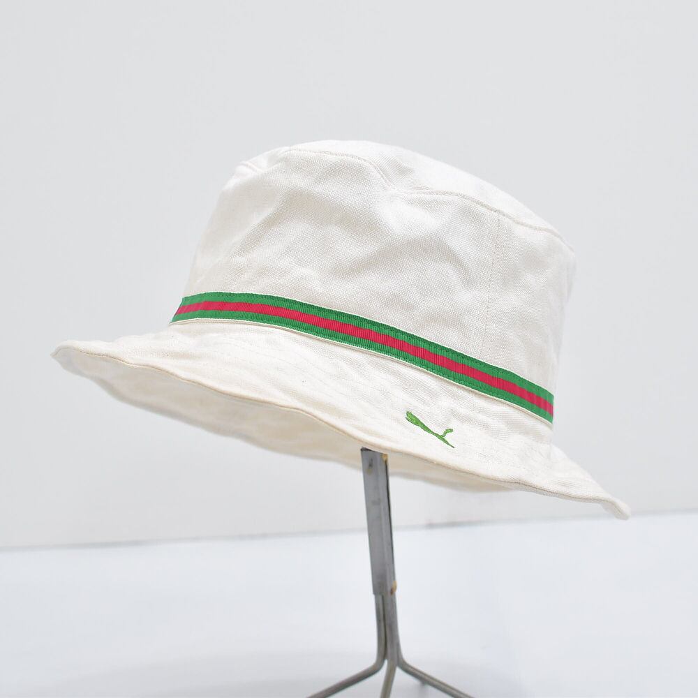 00s 日本製 PUMA プーマ ロゴ刺繍 テープデザイン バケットハット 帽子 ワイヤー入り スポーツ ゴルフ オフホワイト 国産古着