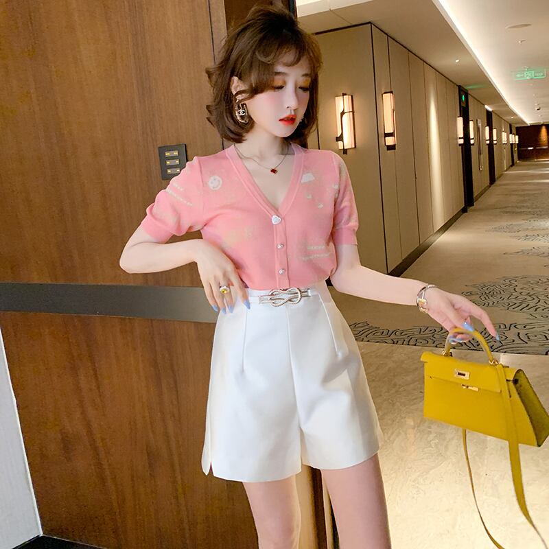 ボタンジャカードVネックニットTシャツ オータム 大人ガーリー スウィート キュート カジュアル 秋物 シルク MIUCO5625159926