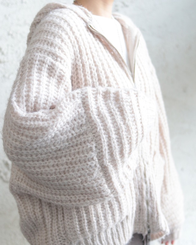 【LUPILIEN】畔編みニット ざっくり編み フードジップ ニットパーカー　(251093)