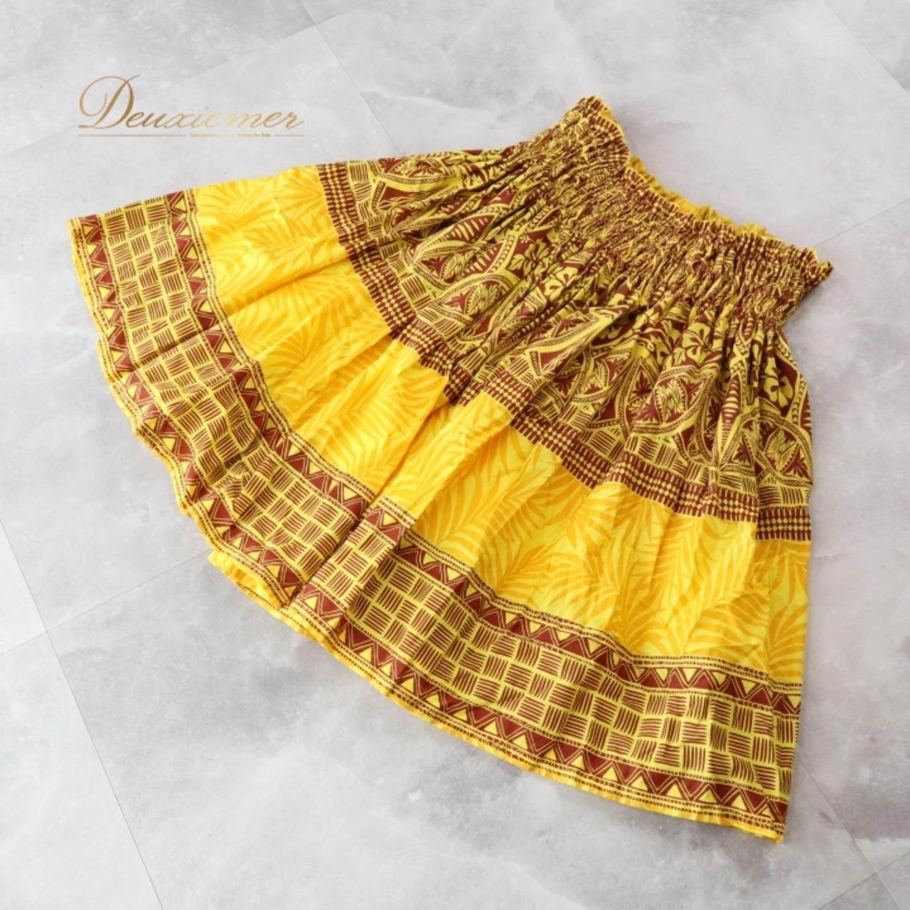 フラダンス 衣装 パウスカート イエロー系 パウスカートショップ 日本製 ハイビスカス柄 カヒコ柄 ハワイアンプリント アロハ フラ ダンス レッスン 練習 シングル スカート フレア 華やか 鮮やか 明るい かわいい おしゃれ ブラウン系 黄 アロハシャツ フラダンス練習着 イエロープリント ハワイアンデザイン トロピカルスタイル