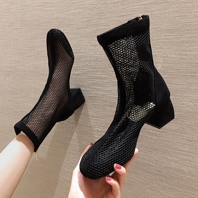 レッドブーツレディースサマーメッシュバックジッパースタンダードシングルショート レトロ 靴 シューズ 夏物 フェイクシューズ76854602572