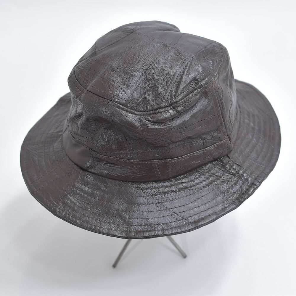 90s 00s Genuine leather パッチワーク 本革 バケットハット サファリハット レザーハット 帽子 ヴィンテージ ビンテージ 古着 ダークブラウン メンズ