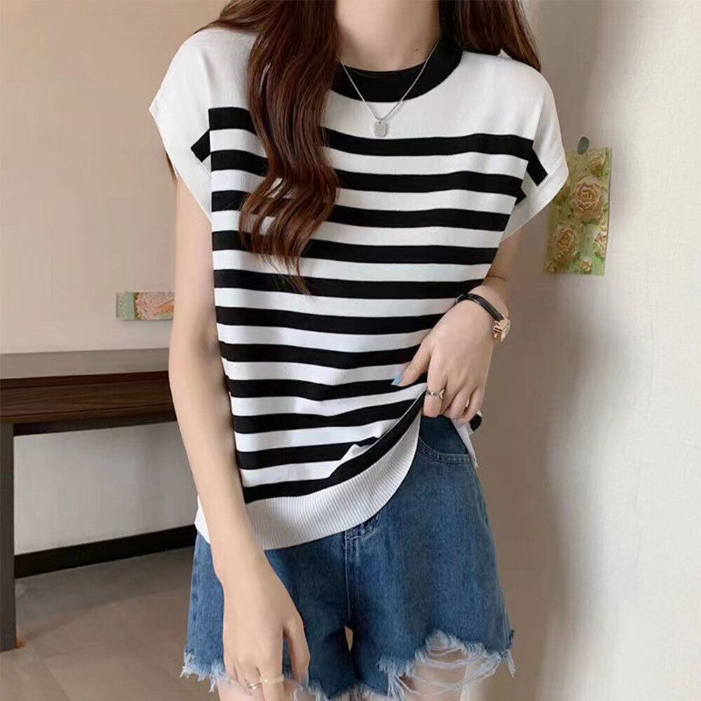 フレンチスリーブ ボーダー ニット レディース 春夏 韓国 おしゃれ 大人 カジュアル きれいめ 薄手 涼しい シンプル インナー トップス 大人可愛い 大人女子