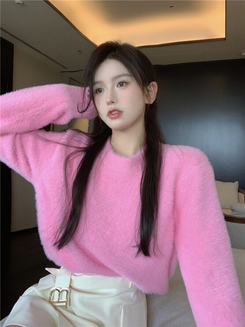 セーター スタンダードルーズニットオータムウィンタースタイルトップス ロング ピンク レトロ 秋物 冬物 ガールズファッション47782667792