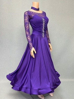 【新着】社交ダンス ドレス　スタンダード　モダンドレス　パープルレース　M　ST-24-12　デモ・競技用ドレス　発表会衣装　パーティドレス　ワンピース　舞台衣装