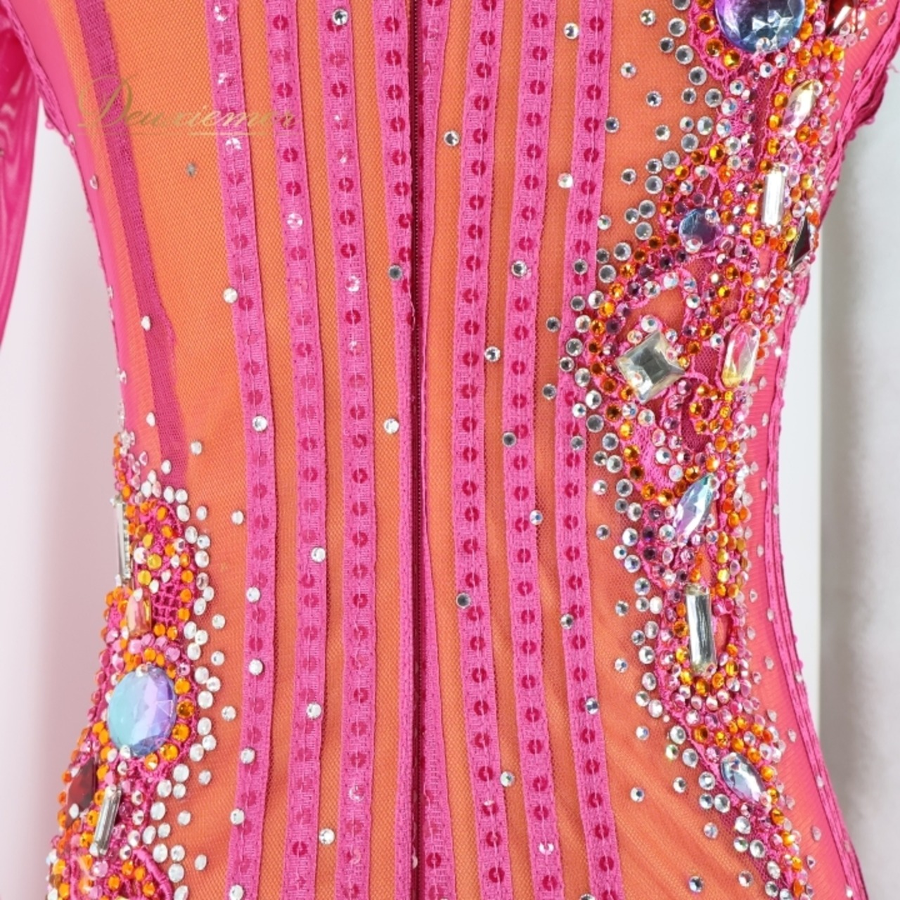 社交ダンス 衣装 スタンダードドレス スタンダード ドレス ワンピース フロート つきおか 綺麗 デモ 競技 ダンス パーティ 発表会 ピンク ピンク系 オレンジ系 おしゃれ 華やか なデザイン 動きやすい 高級感 女性用 サイズM 色鮮やか 発表会用 デモ用