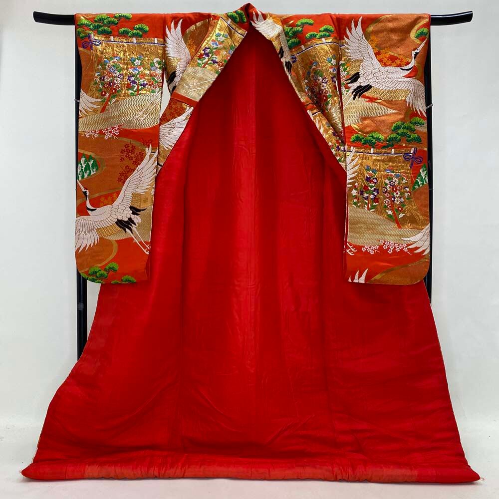 色打掛 正絹 松 鶴 刺繍 金 オレンジ 青海波 打掛 花嫁衣裳 婚礼  
