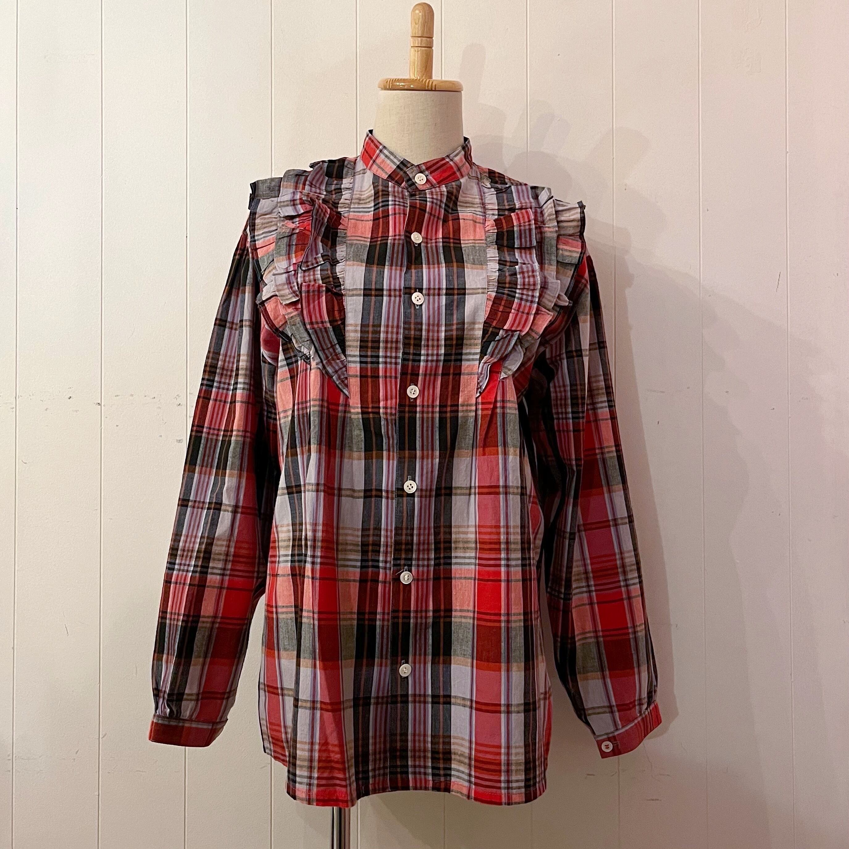 red black check frill blouse