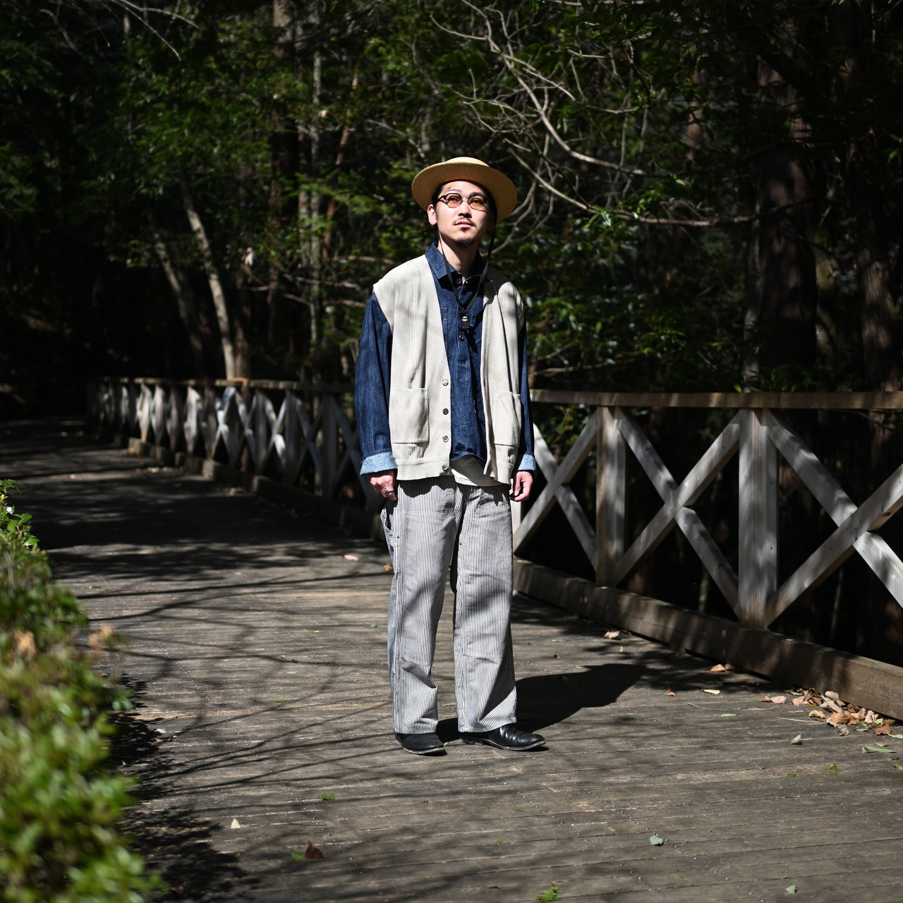 YASHIKI / GANKO別注 ×Shirotsume V-neck Vest メンズコーディネート