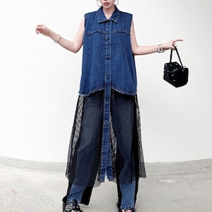DENIM MESH PANEL LONG SLEEVELESS VEST M-17943