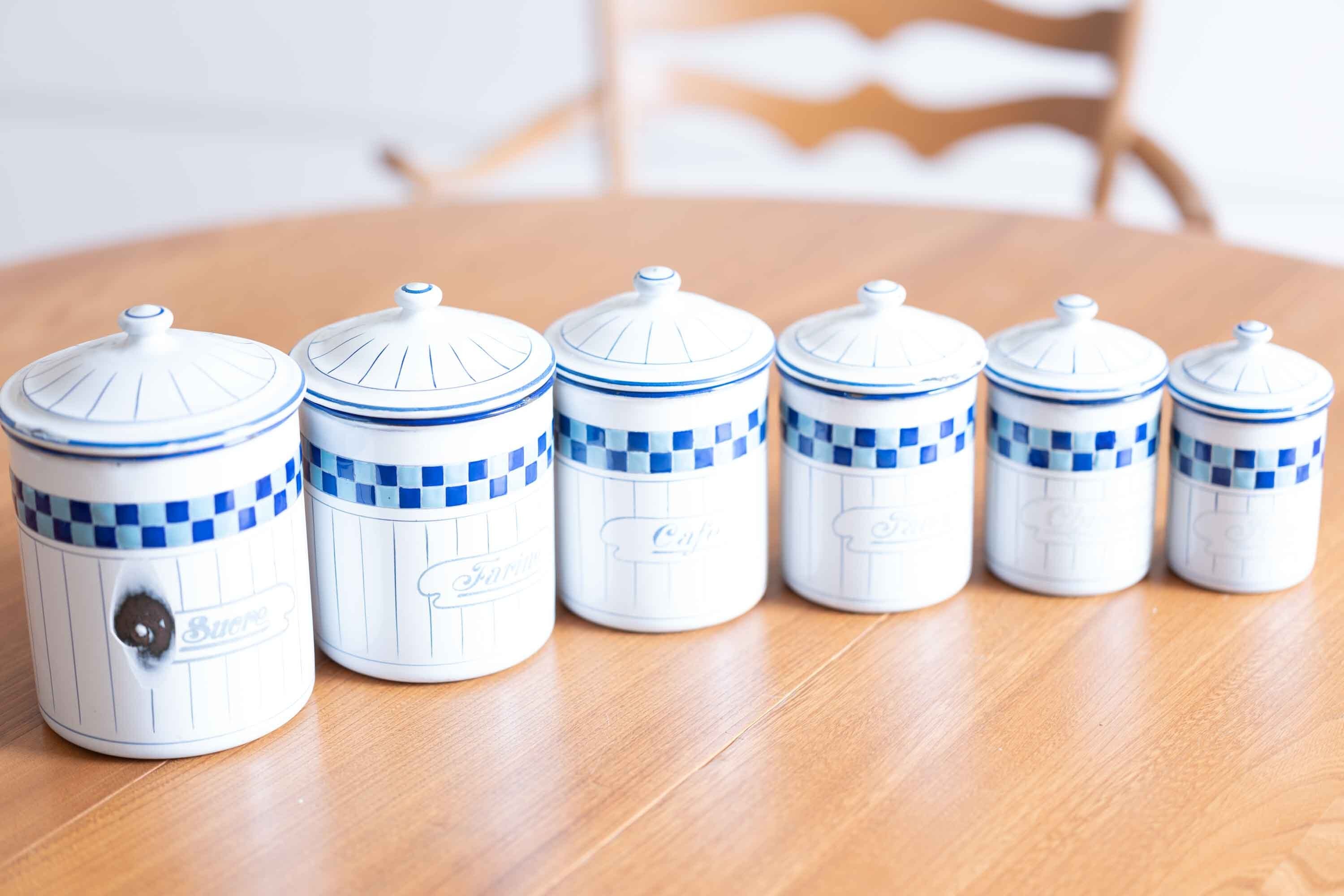 フランス アンティークホーローキャニスター 6個セット BB社 ブルーチェック