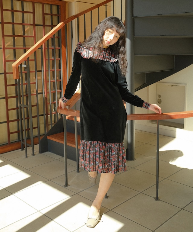 【送料無料】70's-80's black velvet pufty sleeve dress