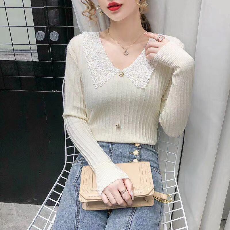 レースネックリブニット