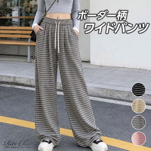 ワイド パンツ レディース 春 夏 秋 韓国 ボーダー ストレート イージー パンツ ウエストゴム ドロスト ゆったり ロング丈 体型カバー リラックス カジュアル ワンマイル ルームウェア 楽ちん [LW-CGP002]